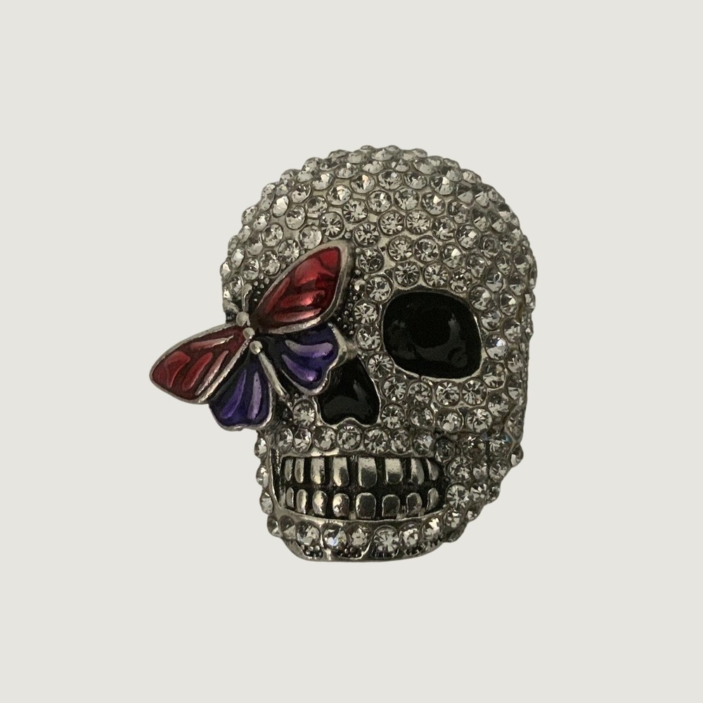 Silver Rhinestone Skull Brooch Pin with Red Purple Enamel Butterfly Gothic
